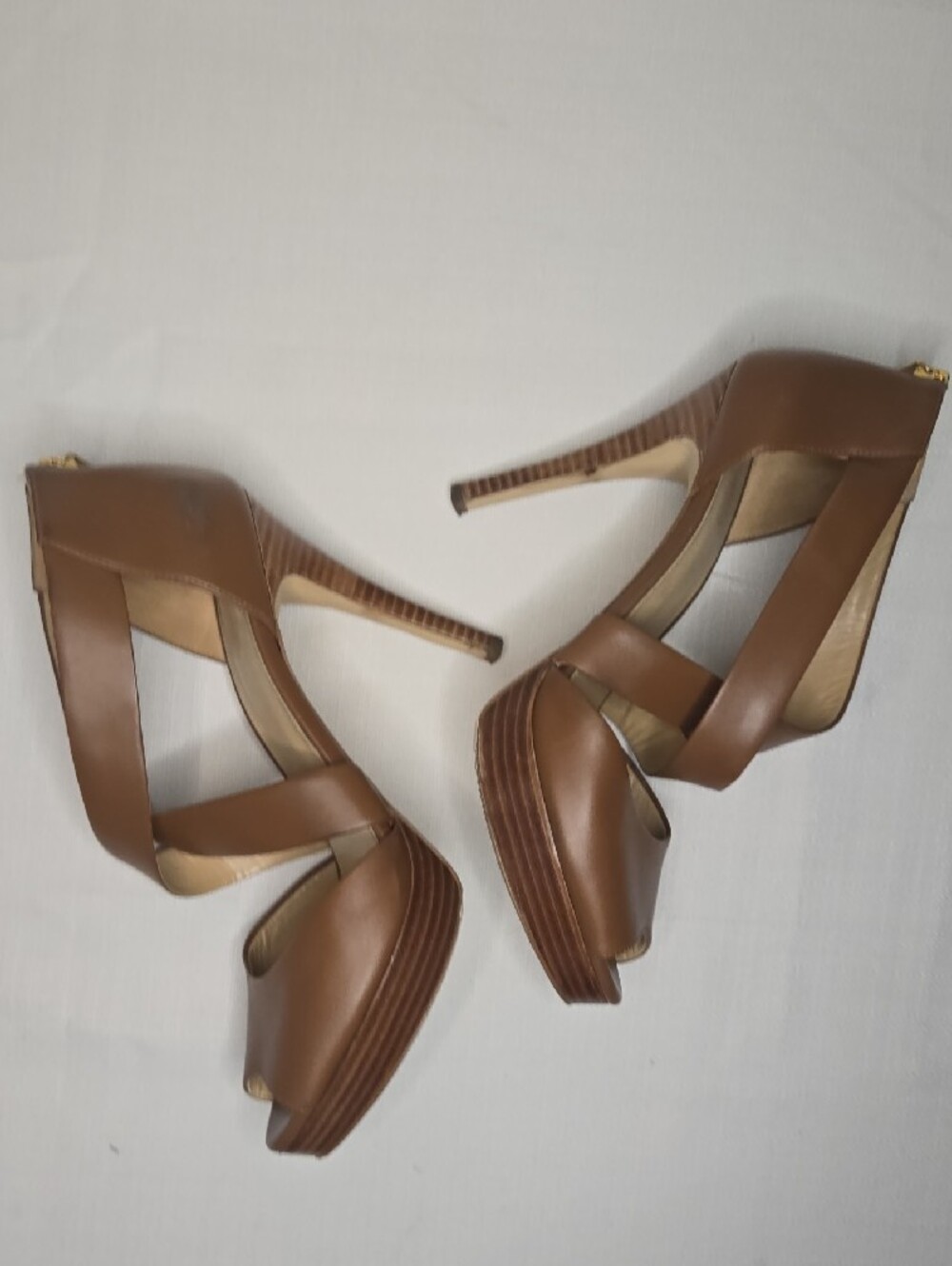 MICHAEL Michael Kors Cognac Brown Leather Crisscross Peep-Toe Heels - Picture 3 of 5